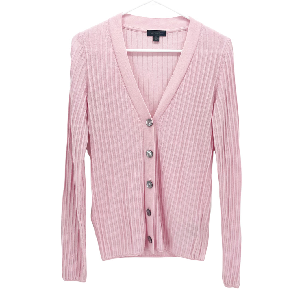 Saks Fifth Avenue Women's Pale Pink Wool Ribbed V Neck Cardigan Sweater Small
